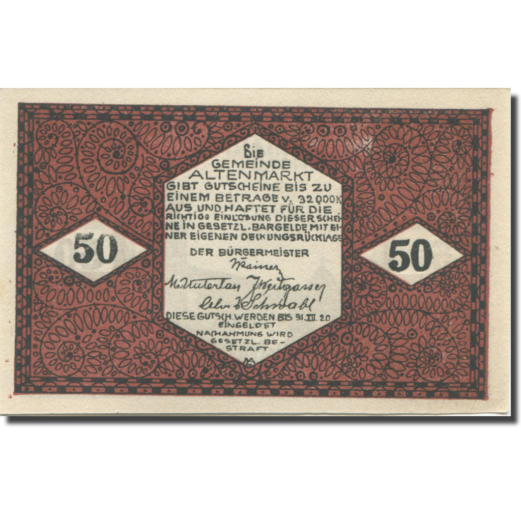 Banknote, Austria, Altenmarkt, 50 Heller, église 2, 1920 UNC(65-70) Mehl:FS 31a