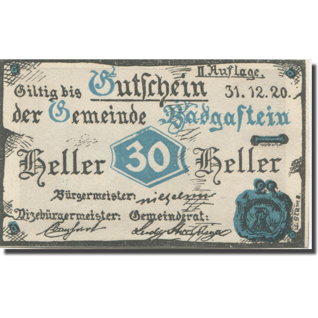Banknote, Austria, Bad Gastein, 30Heller, paysage, 1920 UNC(65-70) Mehl:FS 75IIa