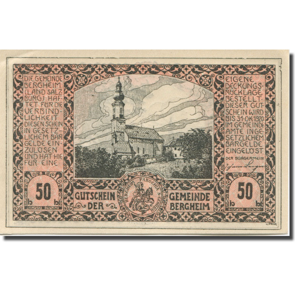 Banknote, Austria, Bergheim, 50 Heller, Eglise 1, 1920 UNC(63) Mehl:FS 82Ia