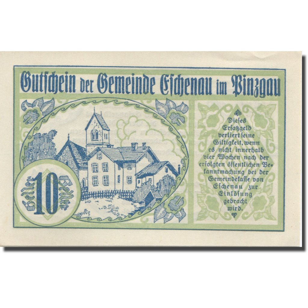 Banknote, Austria, Eschenau, 10 Heller, manoir, 1920 UNC(63) Mehl:FS 188a