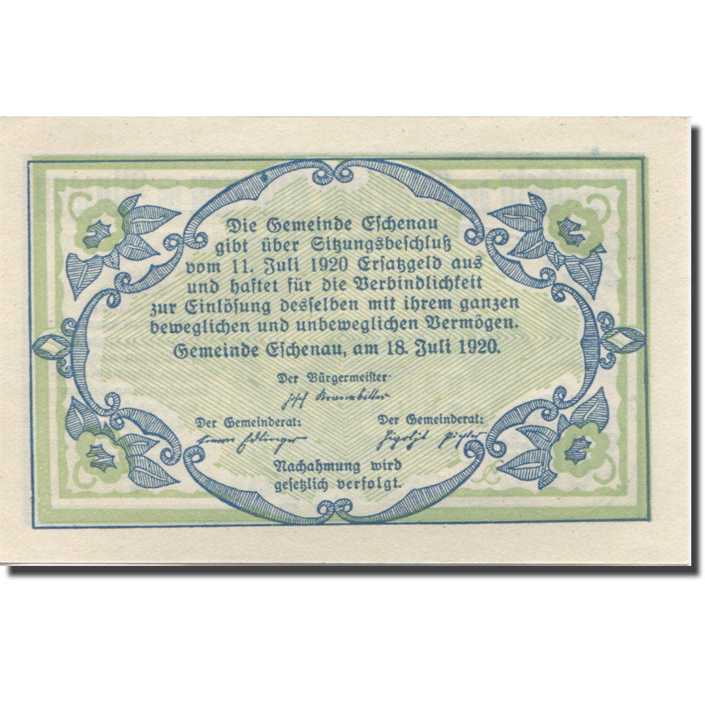Banknote, Austria, Eschenau, 50 Heller, manoir, 1920 UNC(65-70) Mehl:FS 188a