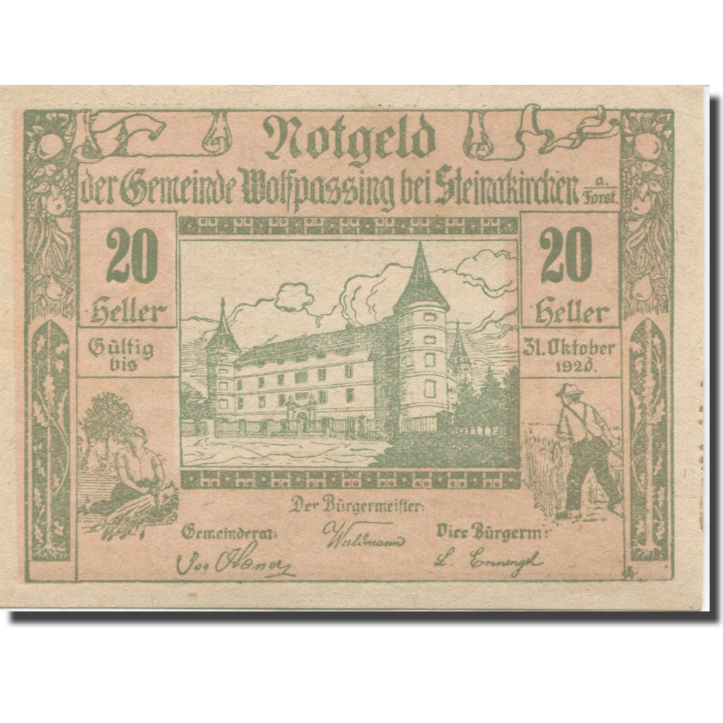 Banknote, Austria, Wolpassing, 20 Heller, château, 1920 Mehl:FS 1249I