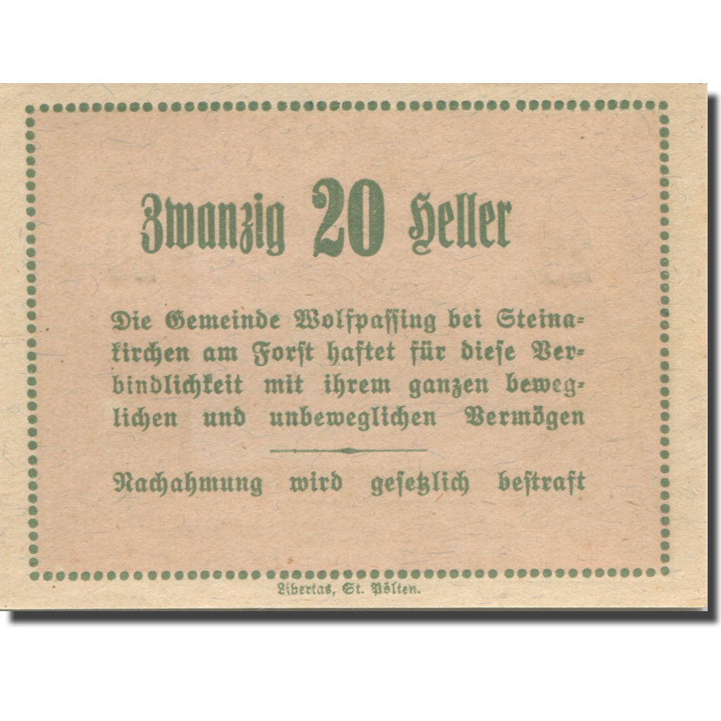 Banknote, Austria, Wolpassing, 20 Heller, château, 1920 Mehl:FS 1249I