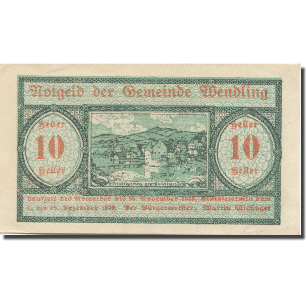 Banknote, Austria, Wendling, 10 Heller, paysage, 1920 UNC(63) Mehl:FS 1170a