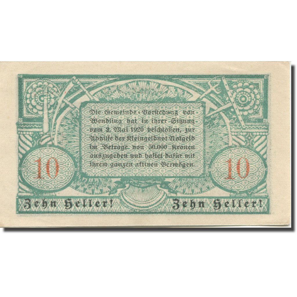 Banknote, Austria, Wendling, 10 Heller, paysage, 1920 UNC(63) Mehl:FS 1170a
