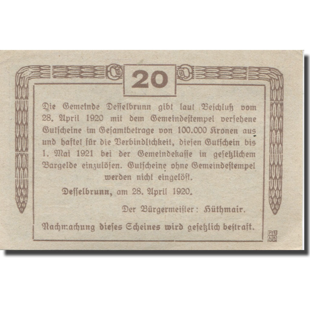 Banknote, Austria, Desselbrunn, 20 Heller, cascade, 1921 UNC(63) Mehl:FS 119a
