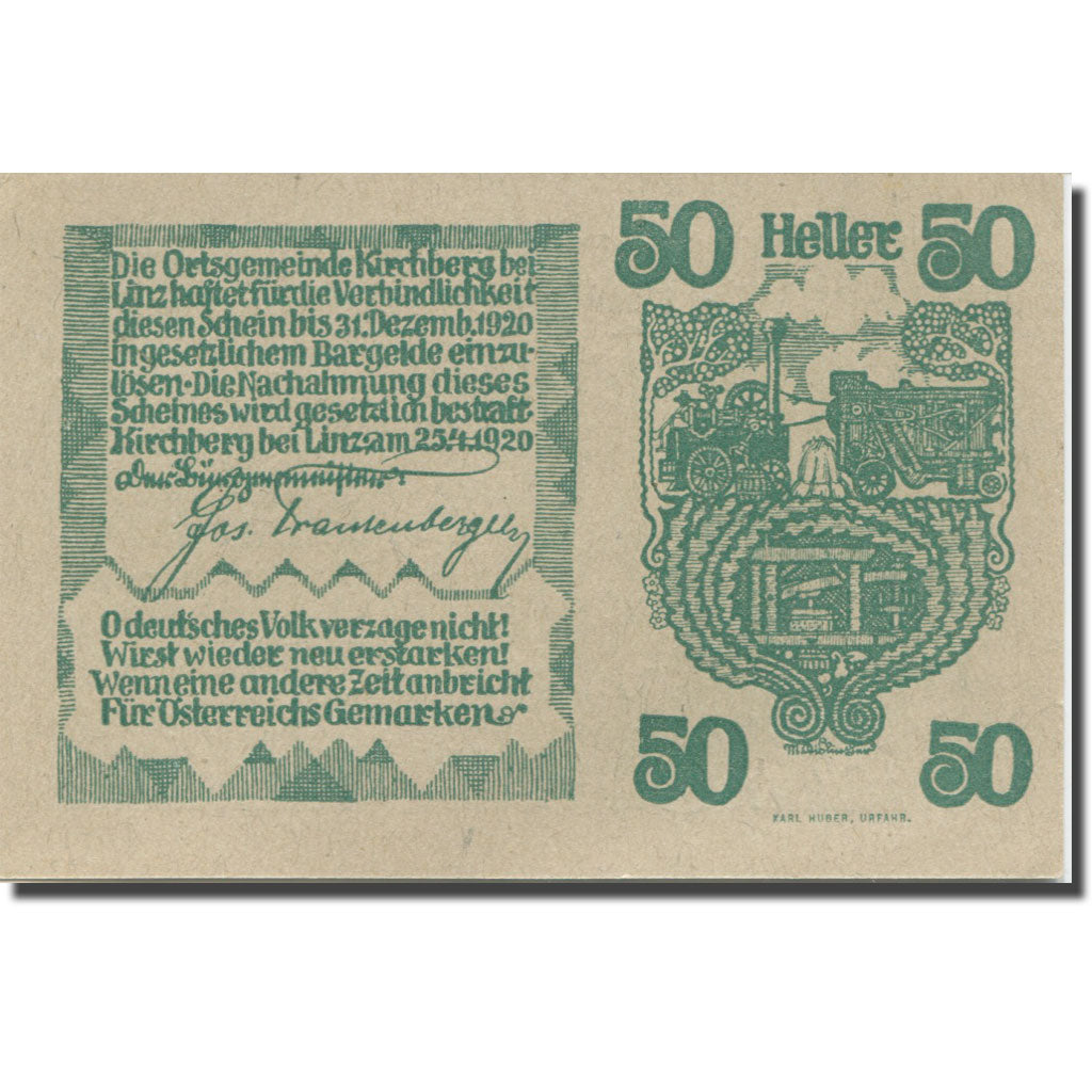 Banknote, Austria, Kirchberg, 50 Heller, village, 1920 UNC(65-70) Mehl:FS 443a