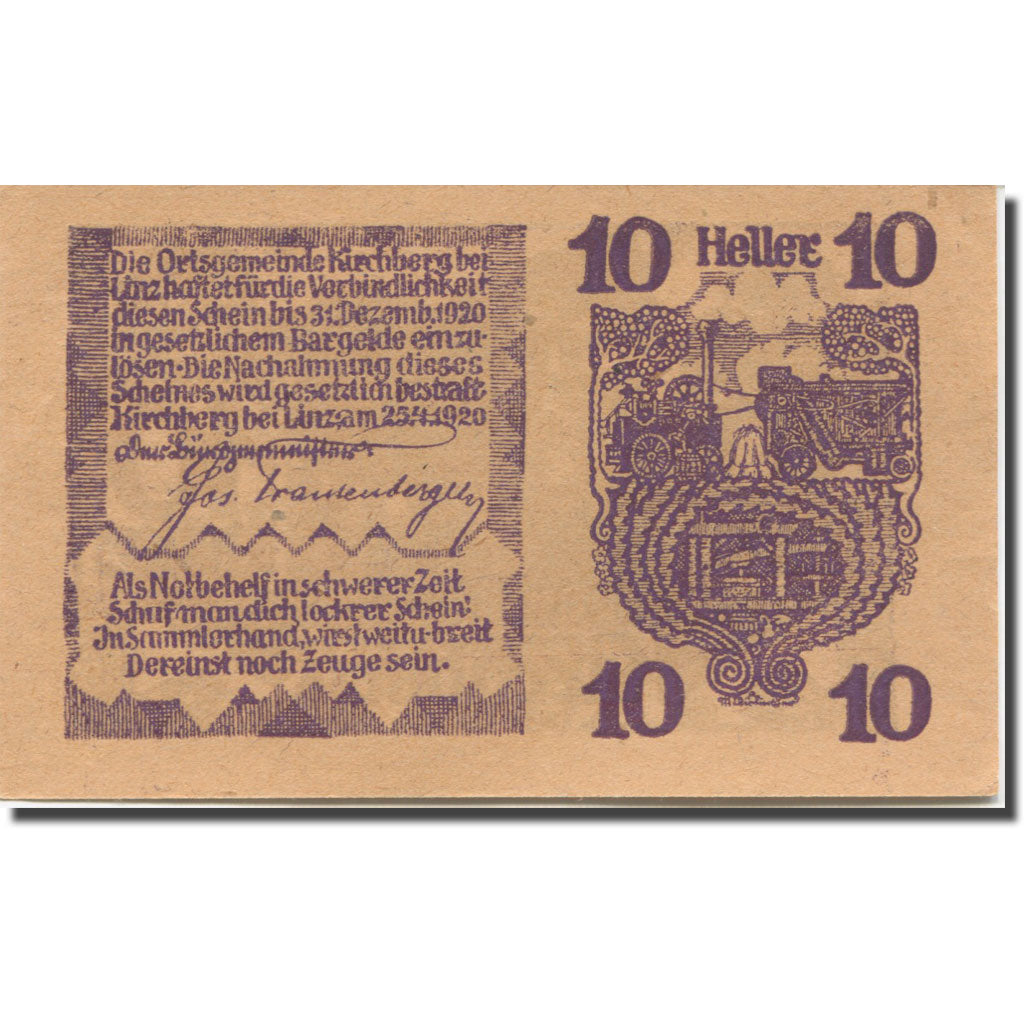 Banknote, Austria, Kirchberg, 10 Heller, cheval, 1920 UNC(63) Mehl:FS 443c