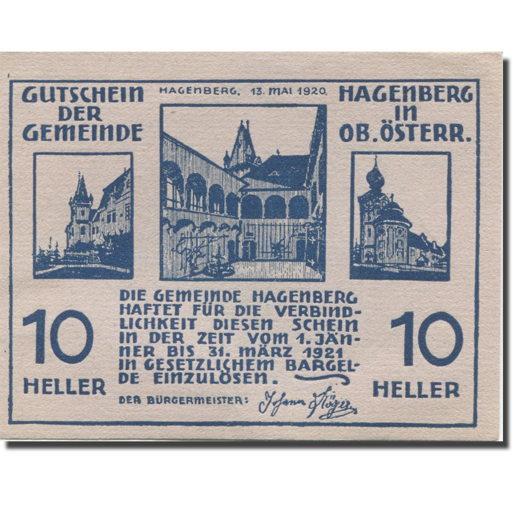 Banknote, Austria, Hagenberg, 10 Heller, Eglise, 1921 UNC(63) Mehl:FS 330a