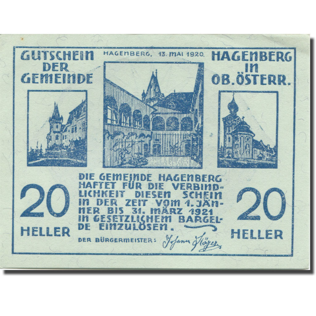 Banknote, Austria, Hagenberg, 20 Heller, Eglise 1, 1921 UNC(63) Mehl:FS 330a