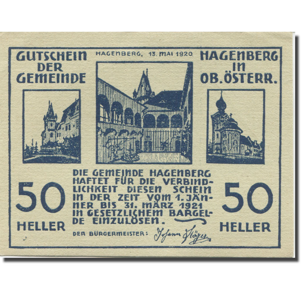 Billet, Autriche, Hagenberg, 50 Heller, eglise 2, 1921-03-31, SPL Mehl:FS 330a