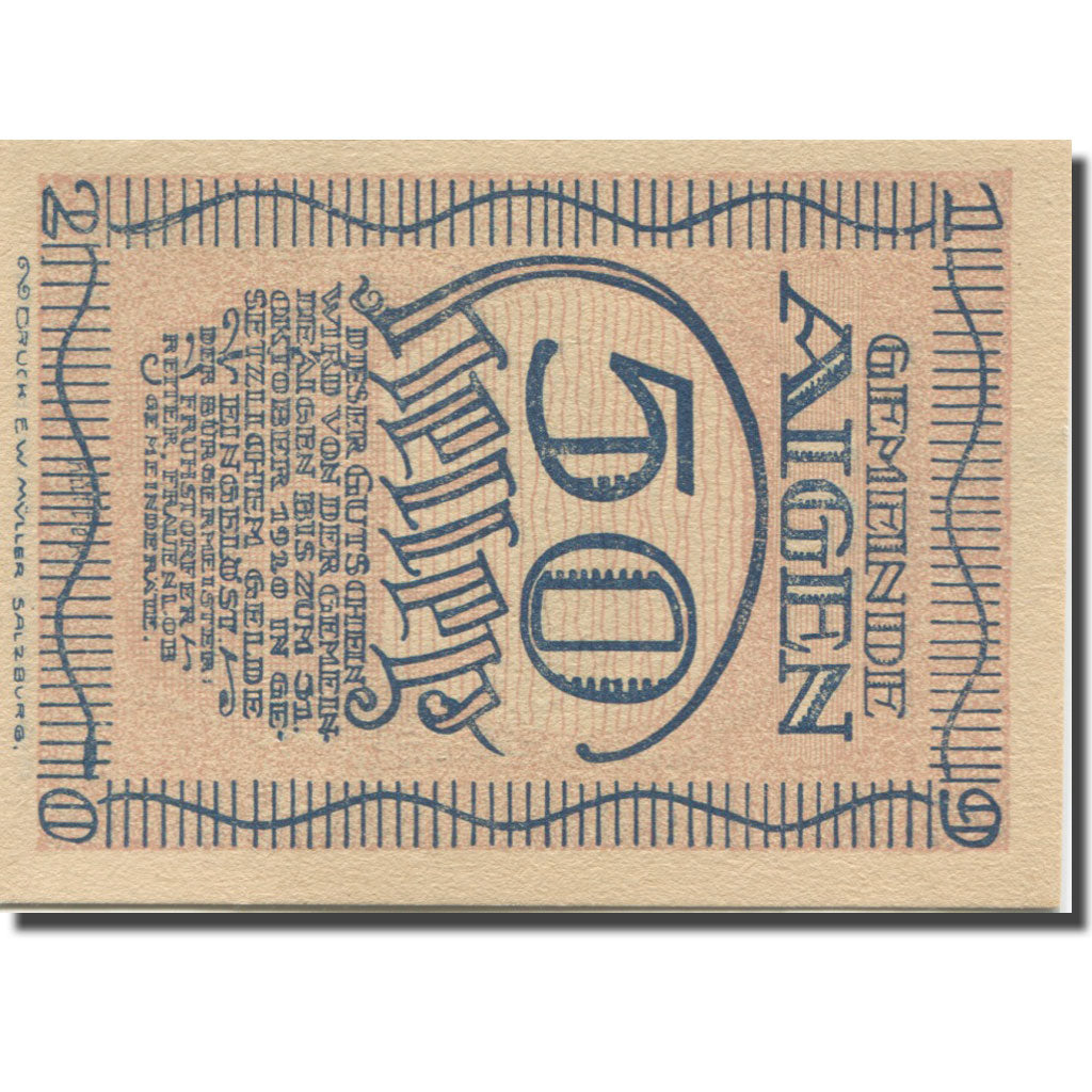 Banknote, Austria, Aigen, 50 Heller, paysage, 1920, UNC(65-70) Mehl:FS 13b