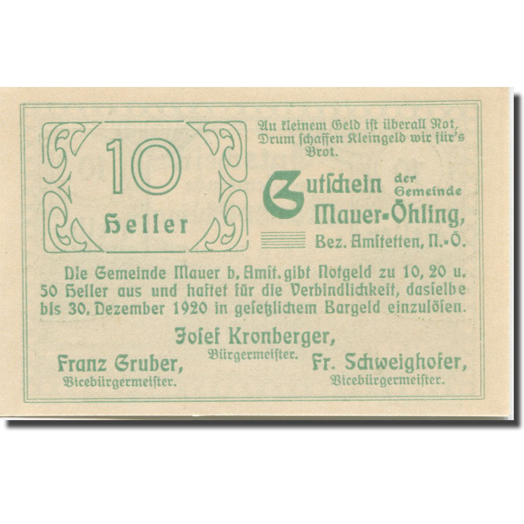 Banknote, Austria Mauer Ohling, 10 Heller, village, 1920 UNC(65-70) Mehl:FS 599d