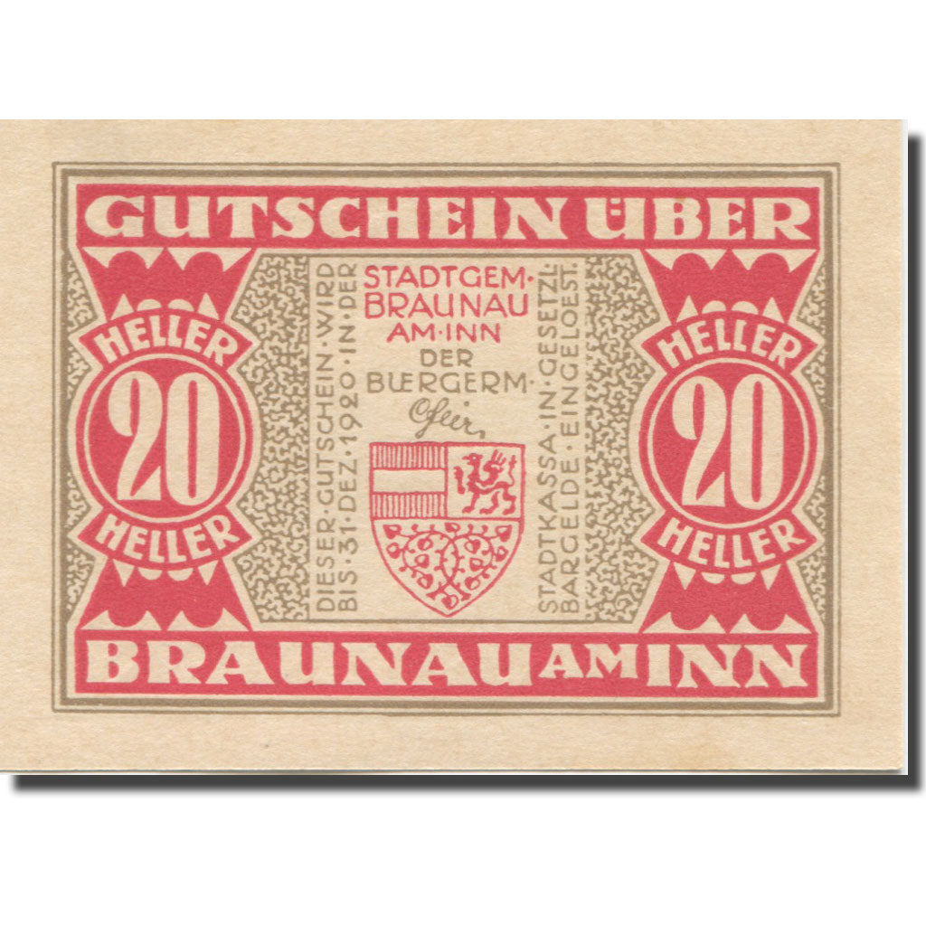 Banknote Austria Braunau am Inn, 20 Heller, village, 1920 UNC(65-70) Mehl:FS 101