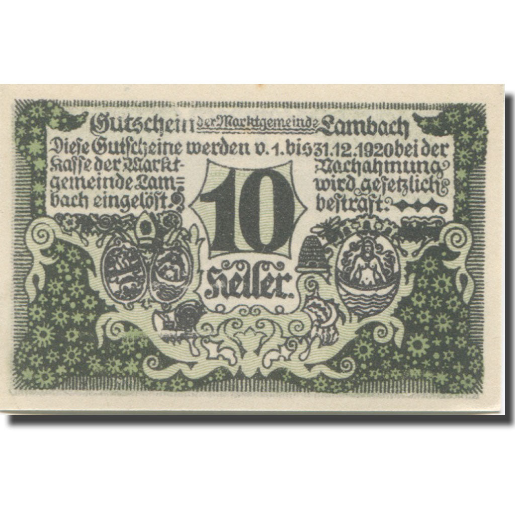 Banknote, Austria, Lambach, 10 Heller, château, 1920 UNC(65-70) Mehl:FS 496a