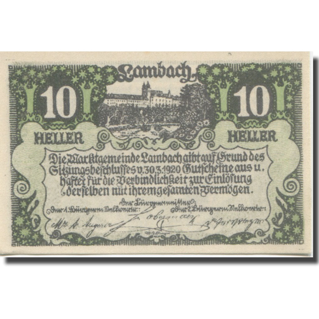 Banknote, Austria, Lambach, 10 Heller, château, 1920 UNC(65-70) Mehl:FS 496a
