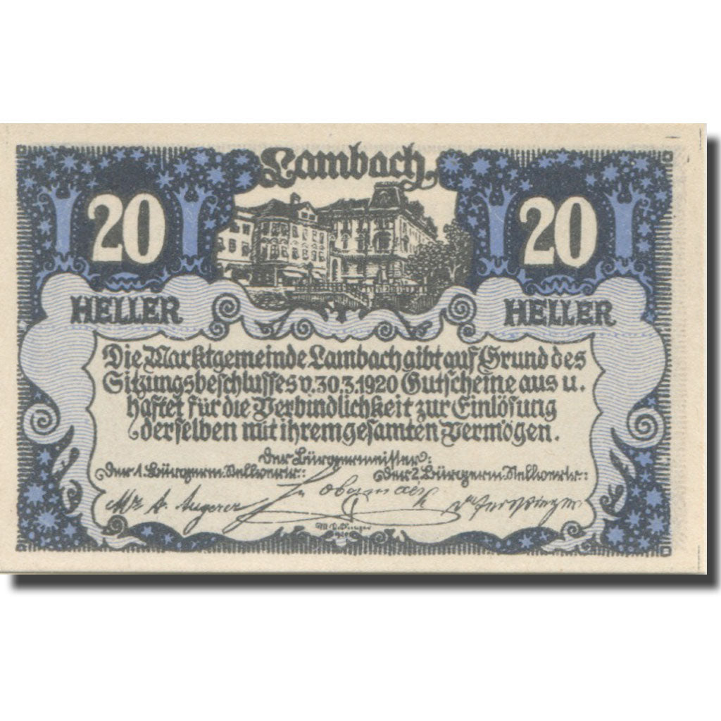 Banknote, Austria, Lambach, 20 Heller, chateau 1, 1920 UNC(65-70) Mehl:FS 496a