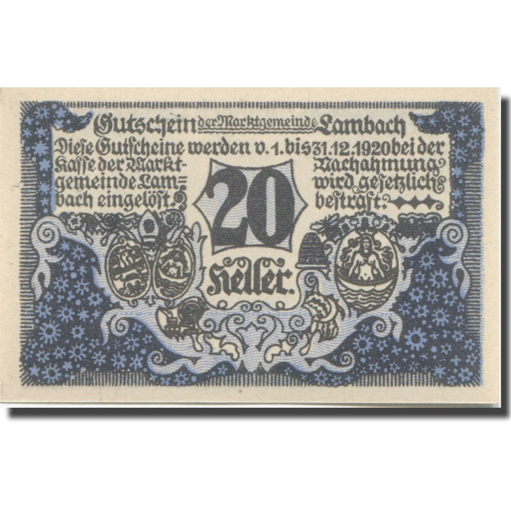 Banknote, Austria, Lambach, 20 Heller, chateau 1, 1920 UNC(65-70) Mehl:FS 496a