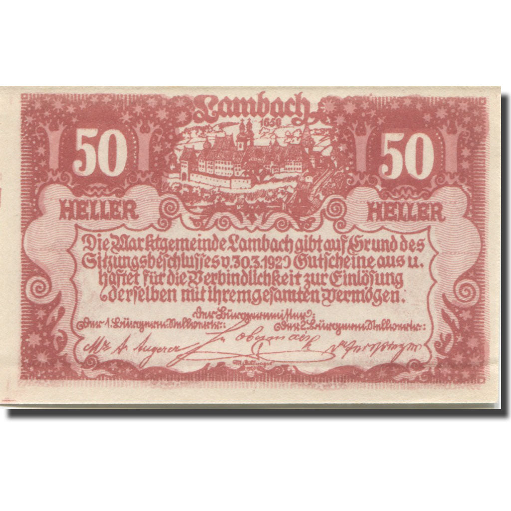 Banknote, Austria, Lambach, 50 Heller, chateau 3, 1920 UNC(65-70) Mehl:FS 496a