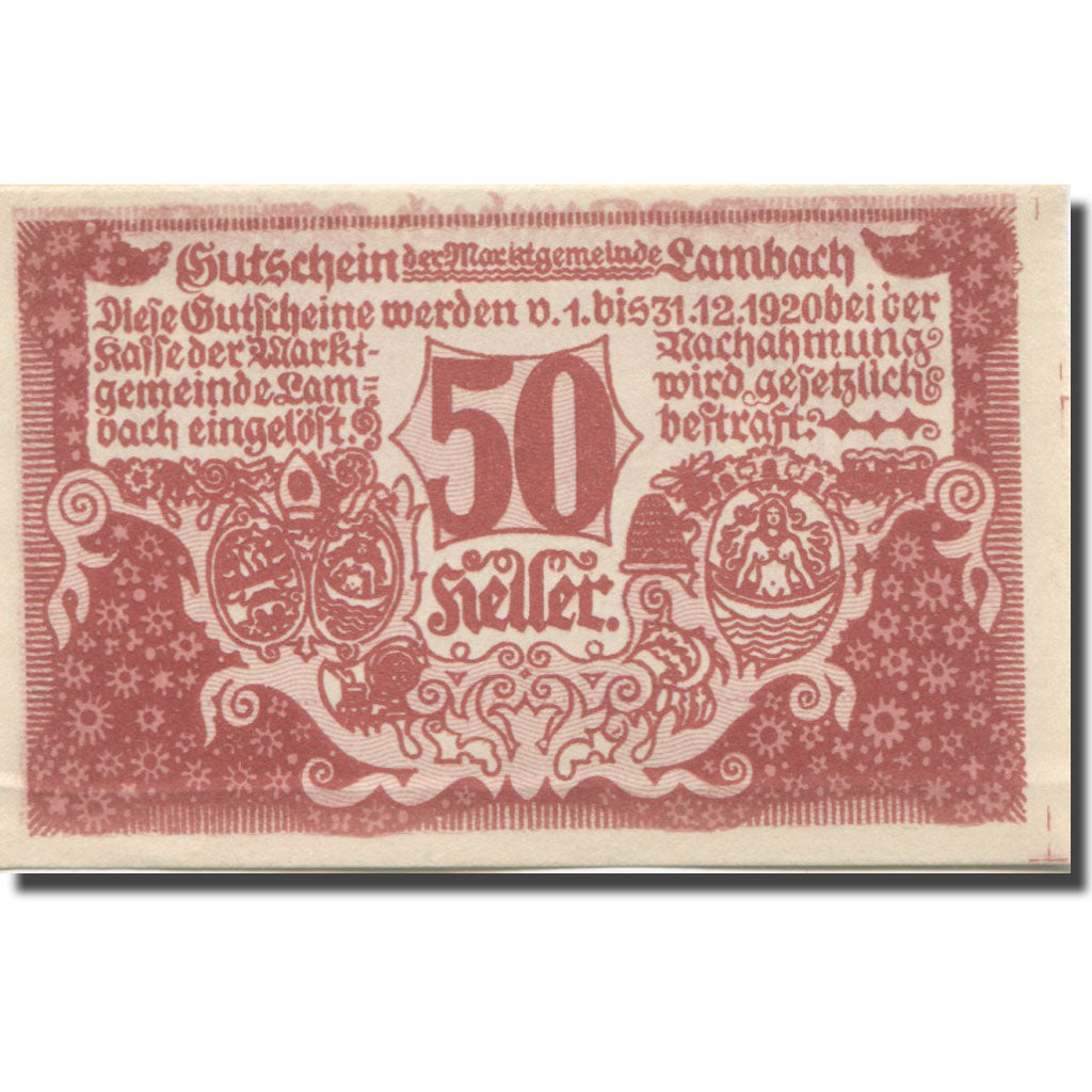 Banknote, Austria, Lambach, 50 Heller, chateau 3, 1920 UNC(65-70) Mehl:FS 496a