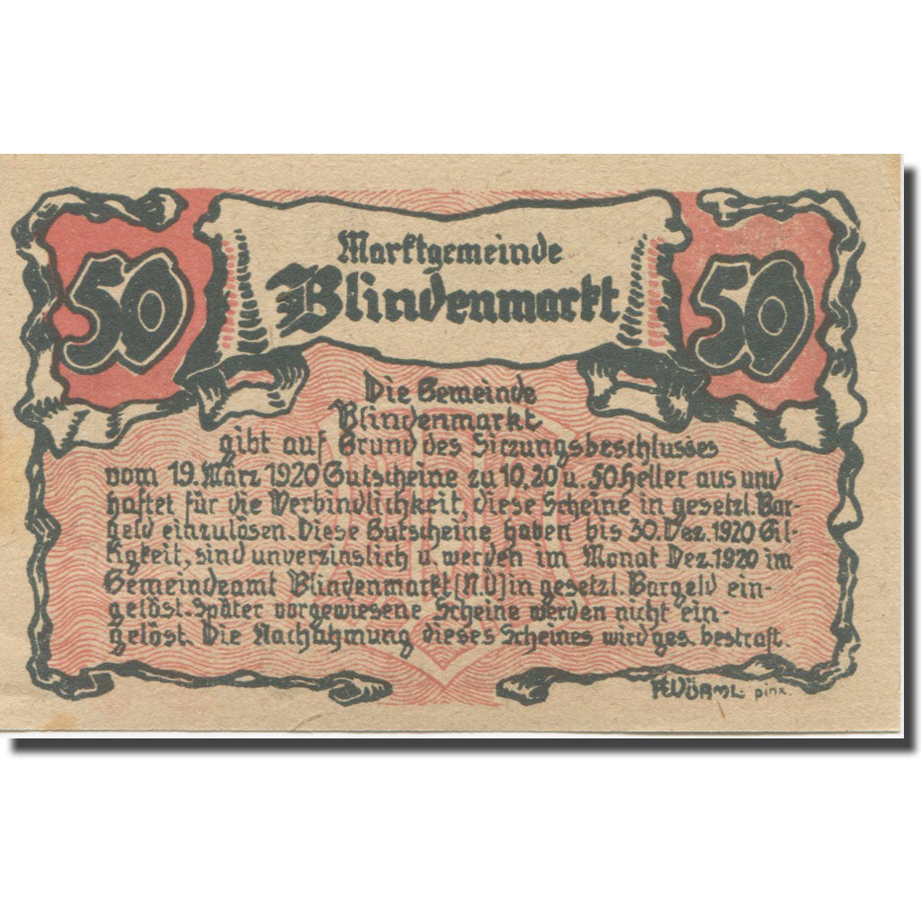 Banconote, Austria, Blindenmarkt, 50 Heller, Eglise, 1920 FDS Mehl:FS 93IIa