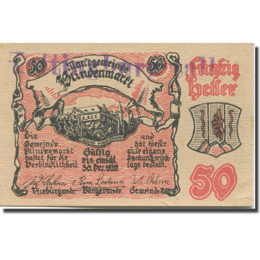 Banconote, Austria, Blindenmarkt, 50 Heller, Eglise, 1920 FDS Mehl:FS 93IIa