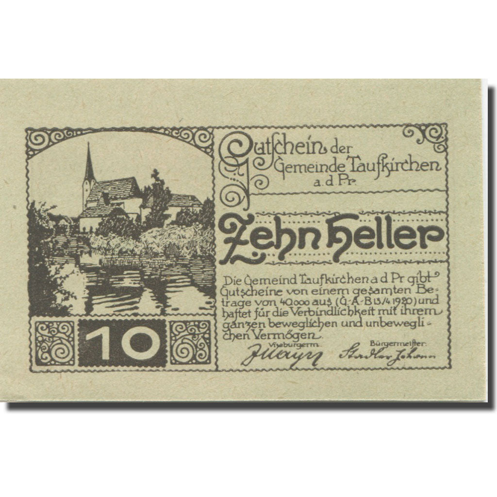 Banconote, Austria, Taufkirchen, 10 Heller, village, 1920 FDS Mehl:FS 1058c