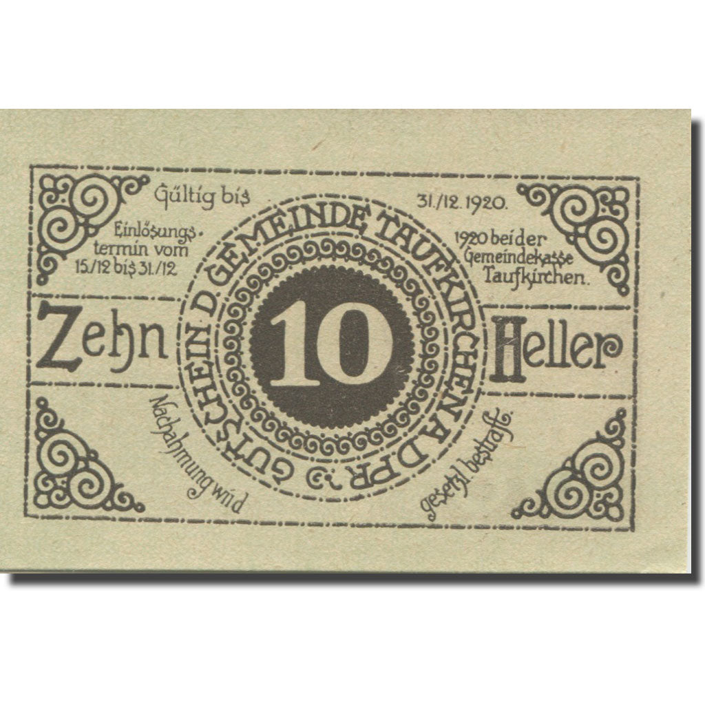 Banconote, Austria, Taufkirchen, 10 Heller, village, 1920 FDS Mehl:FS 1058c