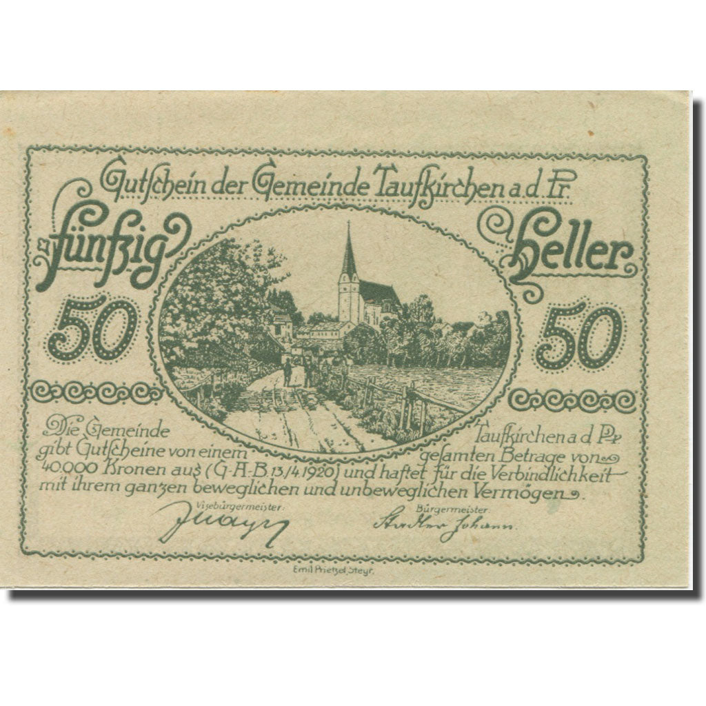 Banknote, Austria, Taufkirchen, 50 Heller, route, 1920 UNC(63) Mehl:FS 1058a