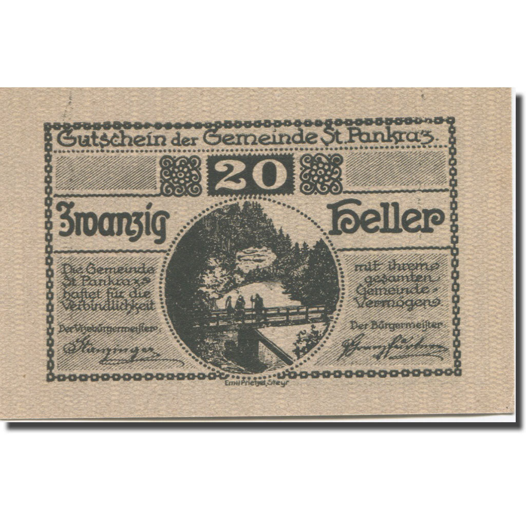 Banknote, Austria, St Pankraz, 20 Heller, pont, 1920 UNC(65-70) Mehl:FS 919