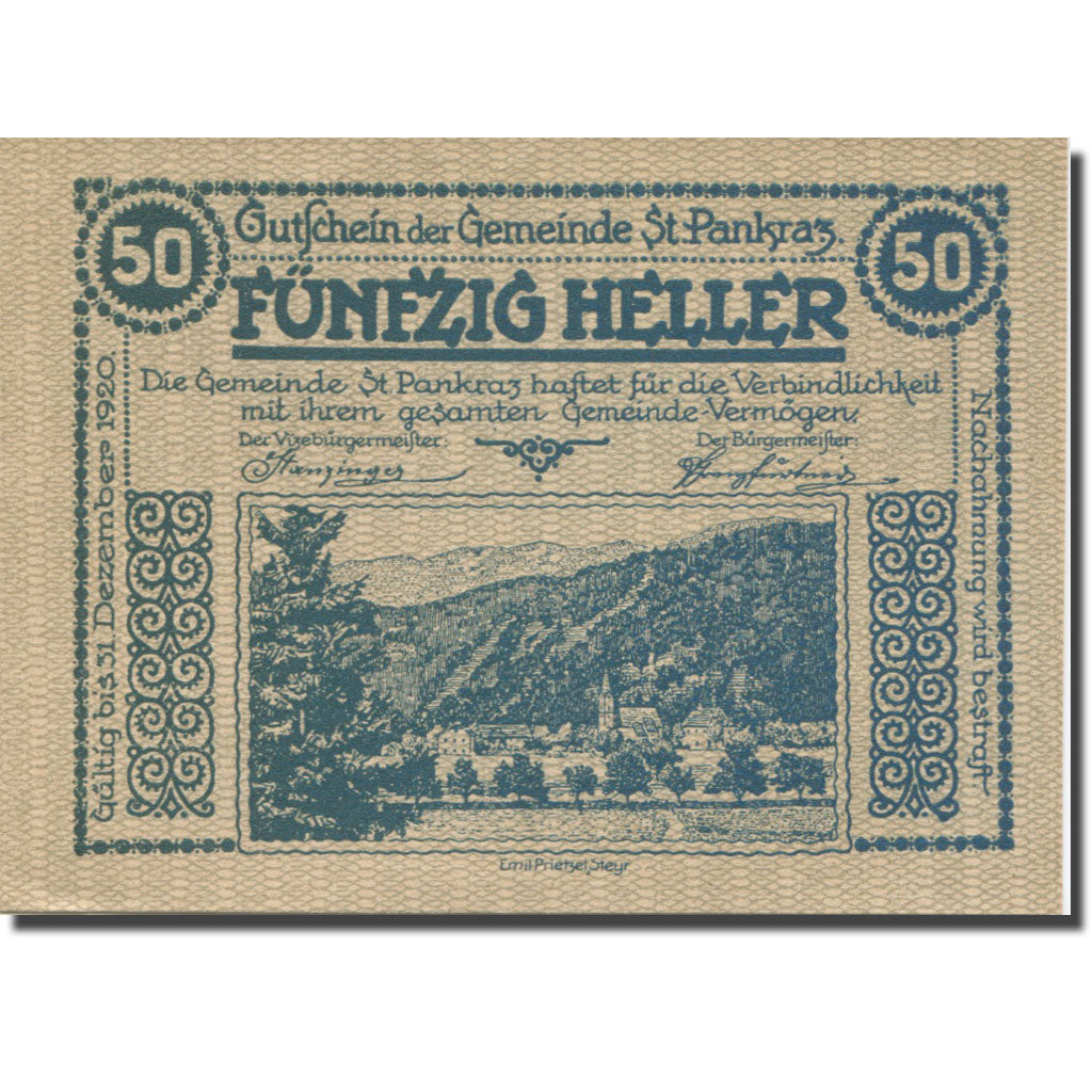 Banknote Austria, St Pankraz, 50 Heller, montagne, 1920, UNC(65-70) Mehl:FS 919