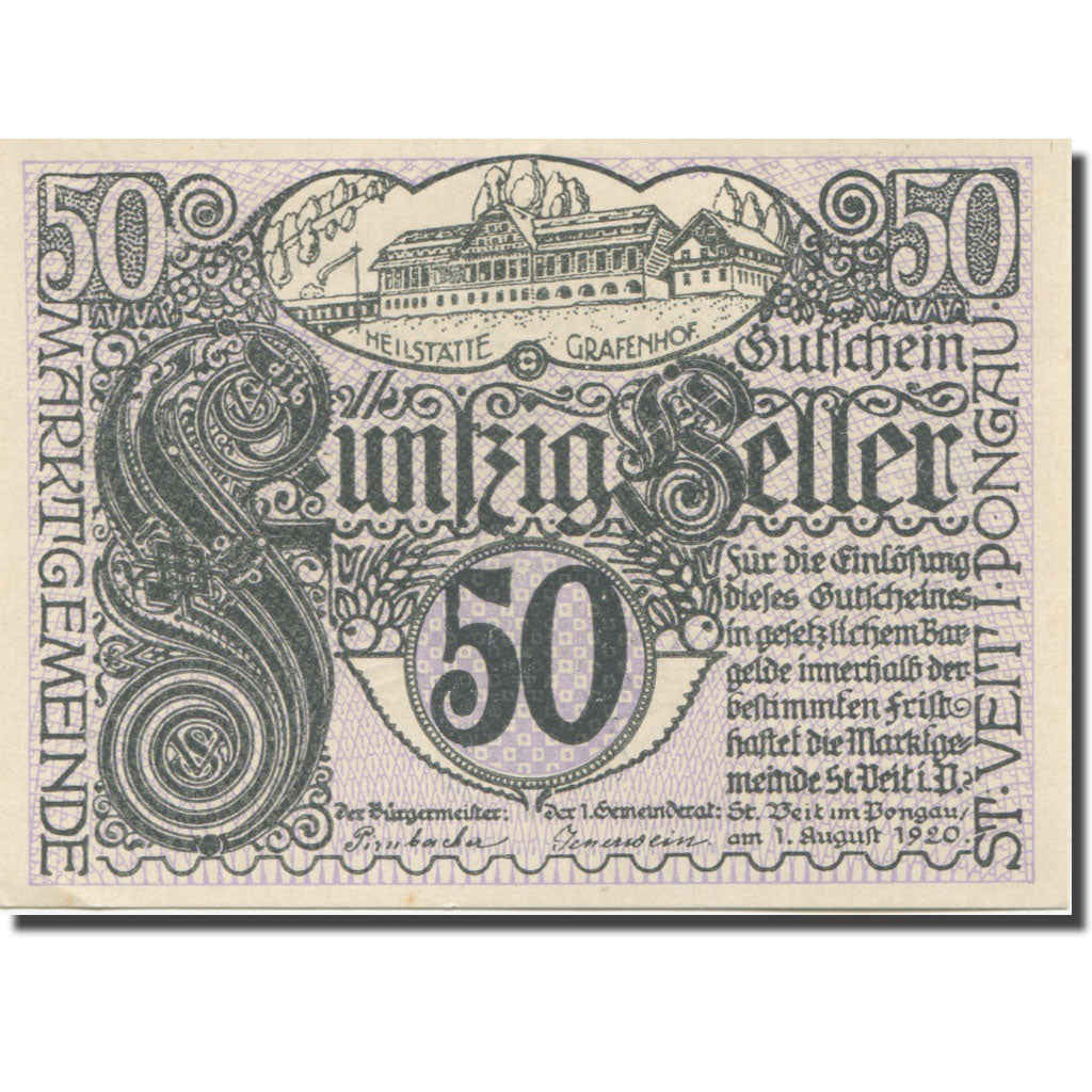 Banknote, Austria, St Veit, 50 Heller, Eglise, 1920, UNC(65-70) Mehl:FS 945a