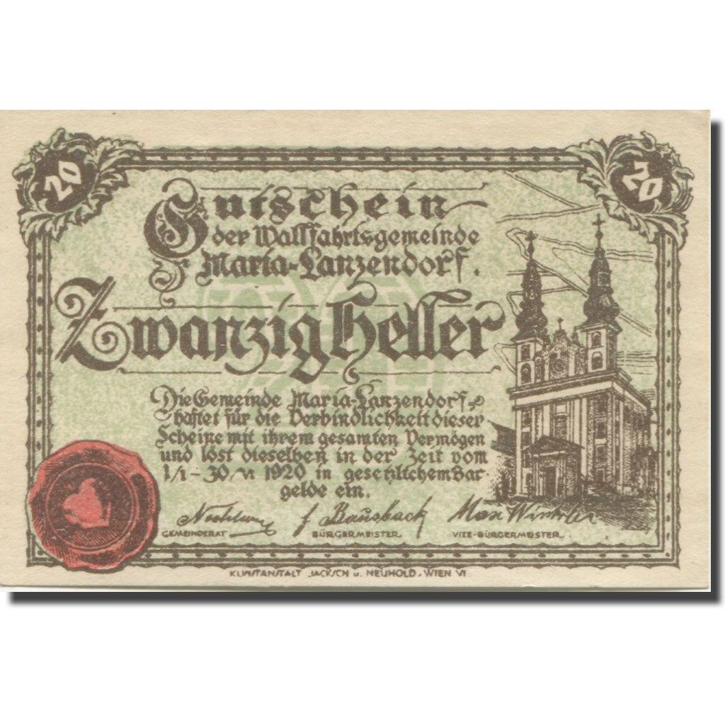 Banknote, Austria, Lanzendorf, 20 Heller, Eglise, 1920 UNC(65-70) Mehl:FS 586a