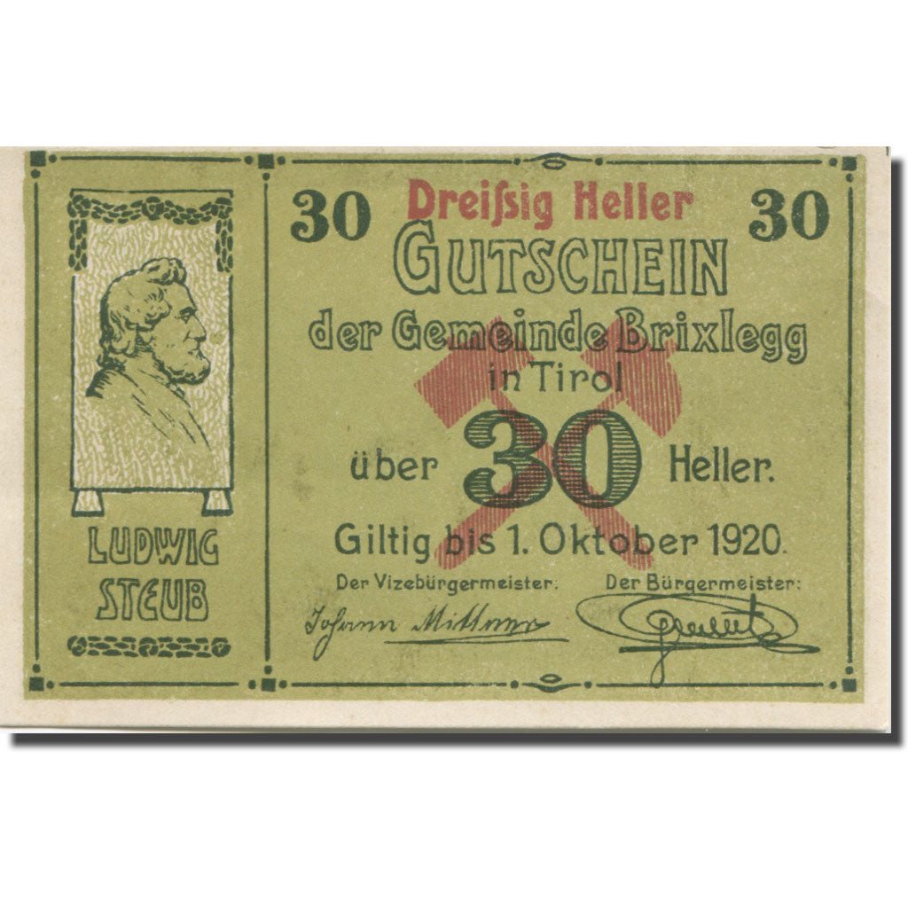 Banknote, Austria, Brixlegg, 30 Heller, personnage, 1920 UNC(63) Mehl:FS 104a