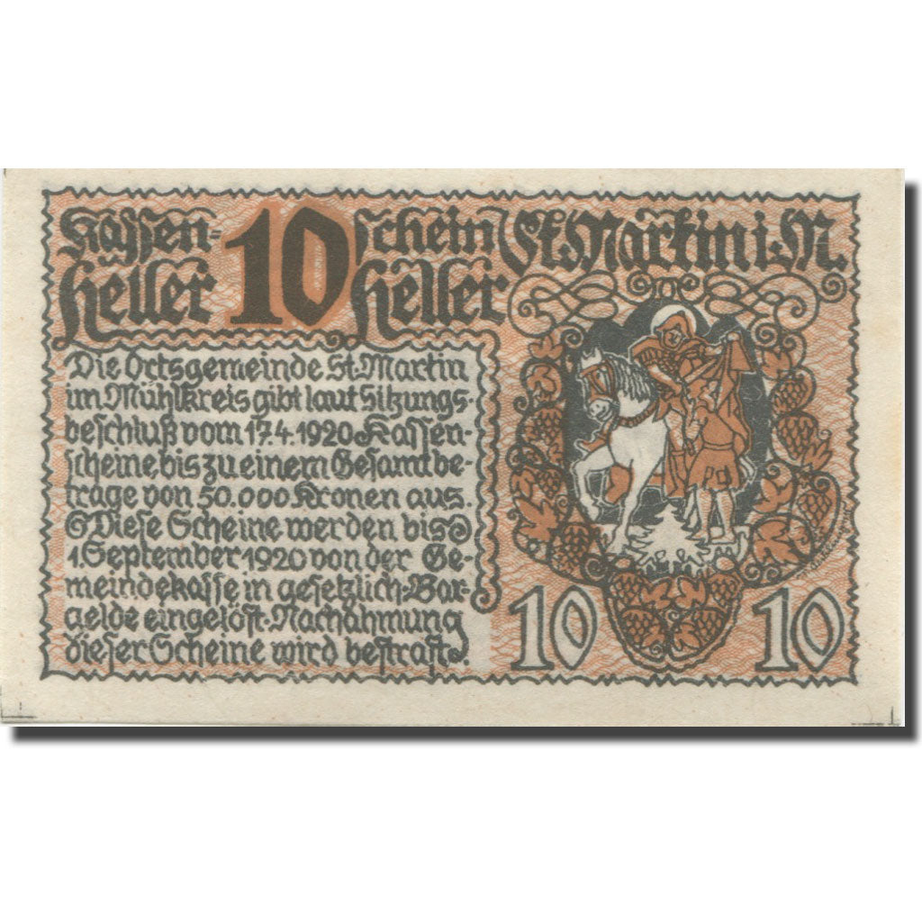 Banknote, Austria, St Martin, 10 Heller, chevalier, 1920 UNC(65-70) Mehl:FS 912a