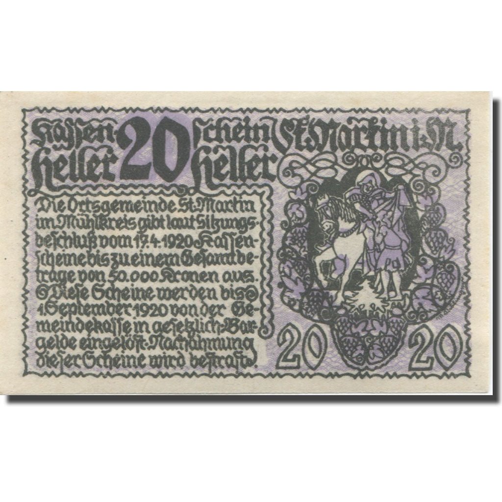 Banknote, Austria, St Martin, 20 Heller, château, 1920 UNC(60-62) Mehl:FS 912a