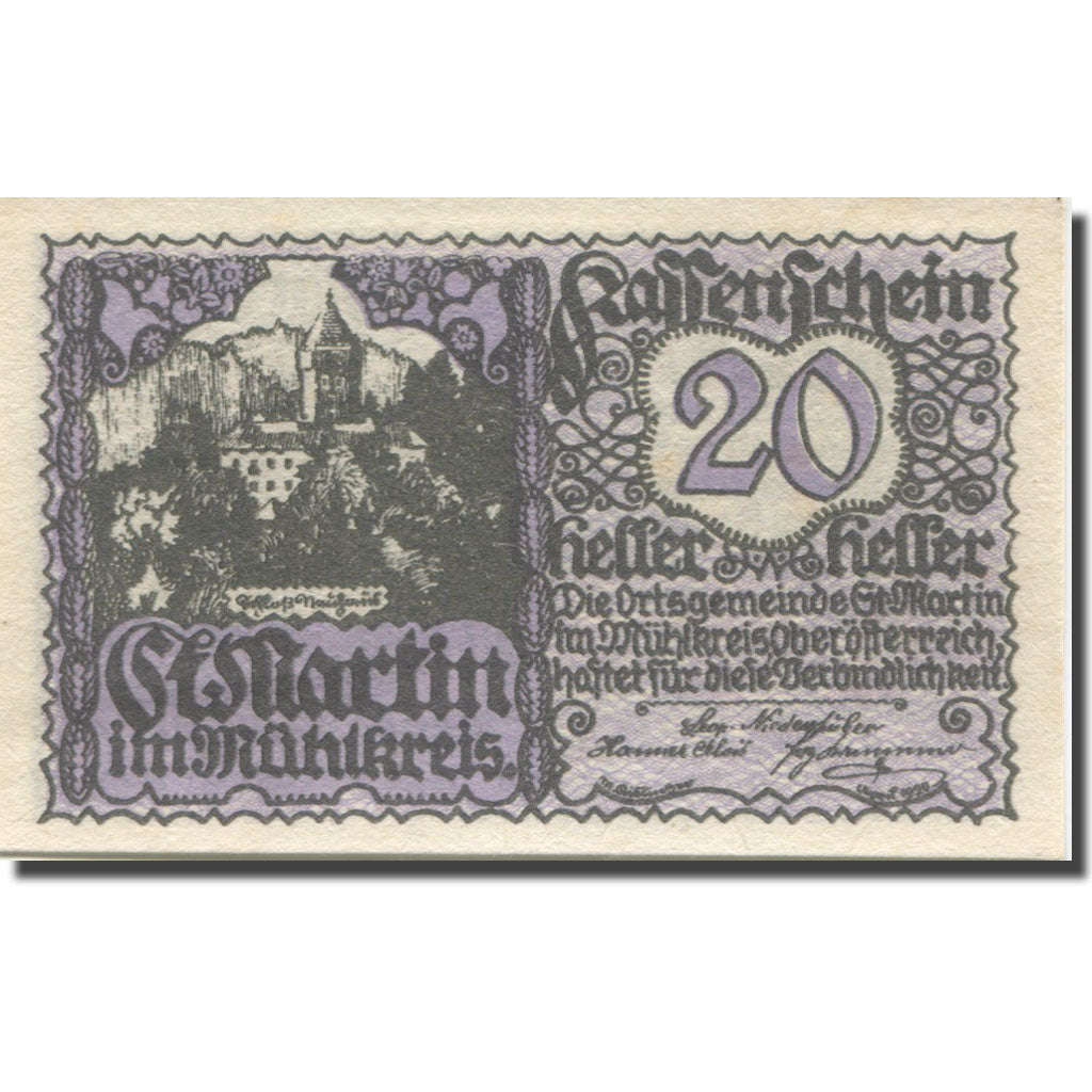 Banknote, Austria, St Martin, 20 Heller, château, 1920 UNC(60-62) Mehl:FS 912a