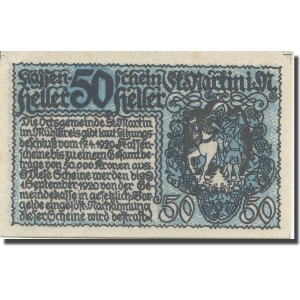 Banknote, Austria, St Martin, 50 Heller, cheval, 1920 UNC(65-70) Mehl:FS 912a