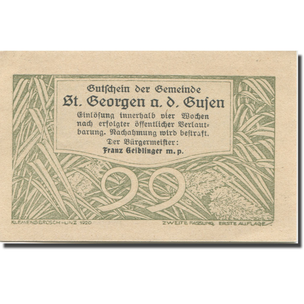 Banconote, Austria, St Georgen, 99 Heller, Foret, 1920, FDS, Mehl:FS 886IIb