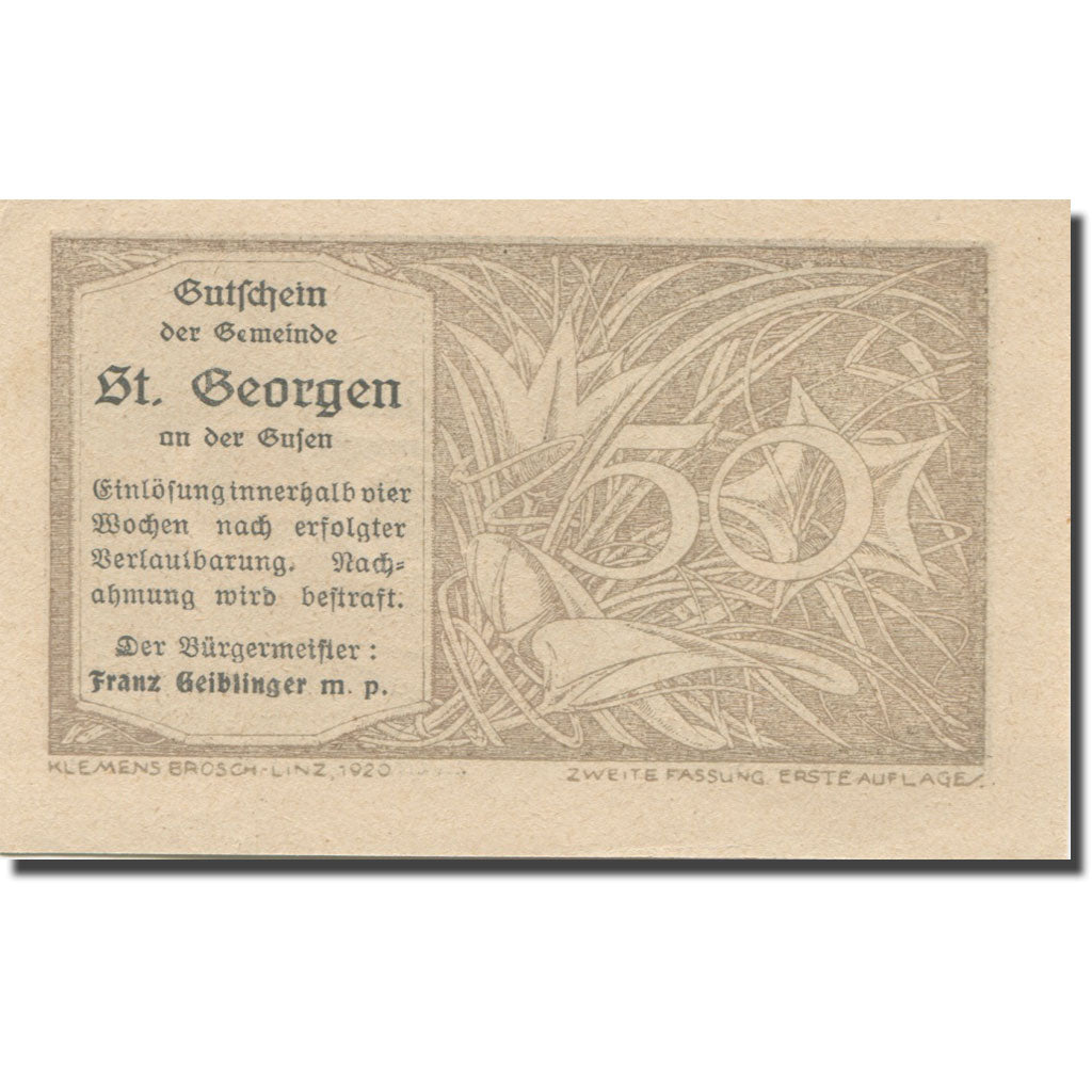 Billet, Autriche, St Georgen, 50 Heller, Fleur, 1920, NEUF, Mehl:FS 886IIb