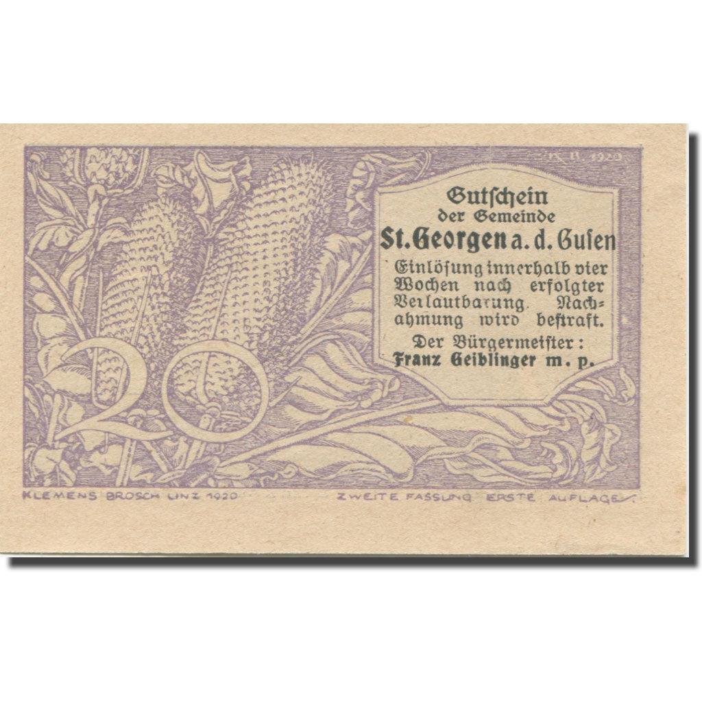 Banknote, Austria, St Georgen, 20 Heller, blé, 1920, UNC(65-70), Mehl:FS 886IIb