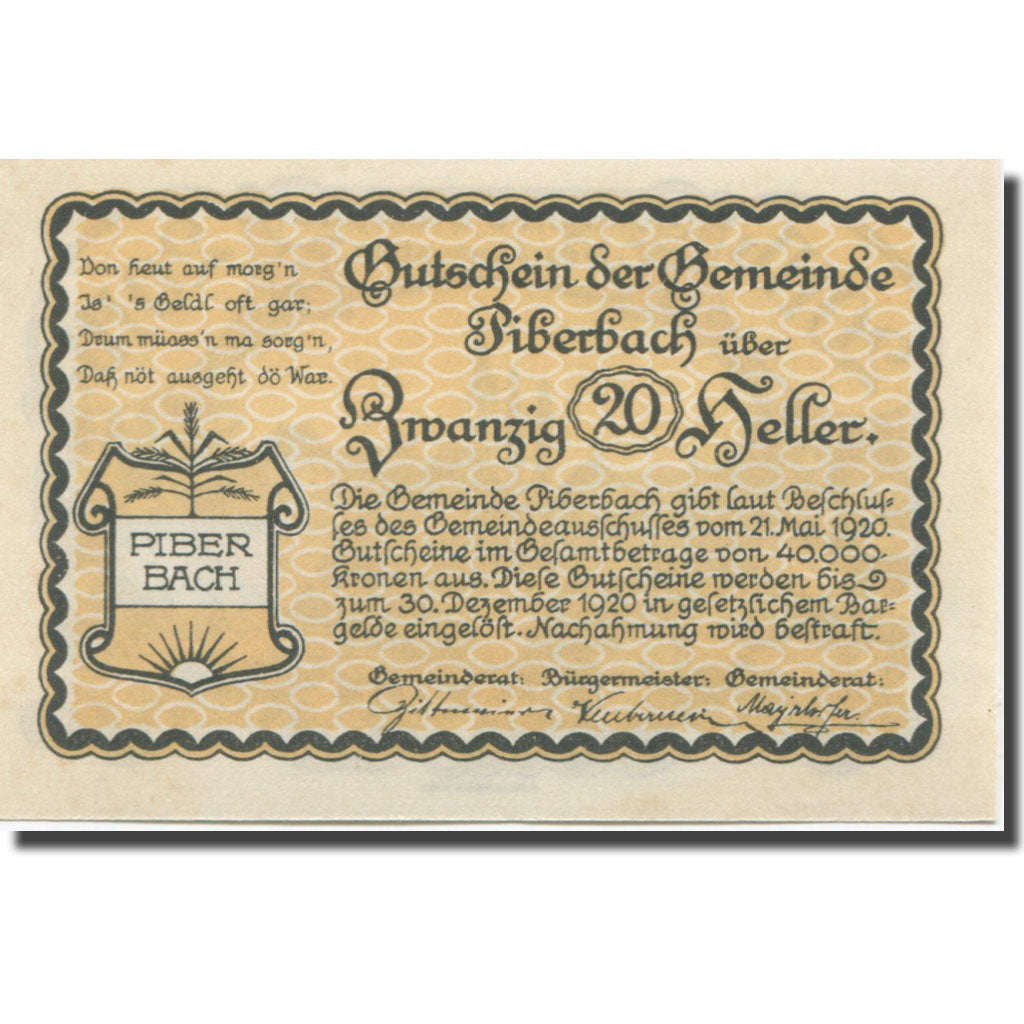 Banknote, Austria, Piberbach, 20 Heller, village, 1920 UNC(65-70) Mehl:FS 746a