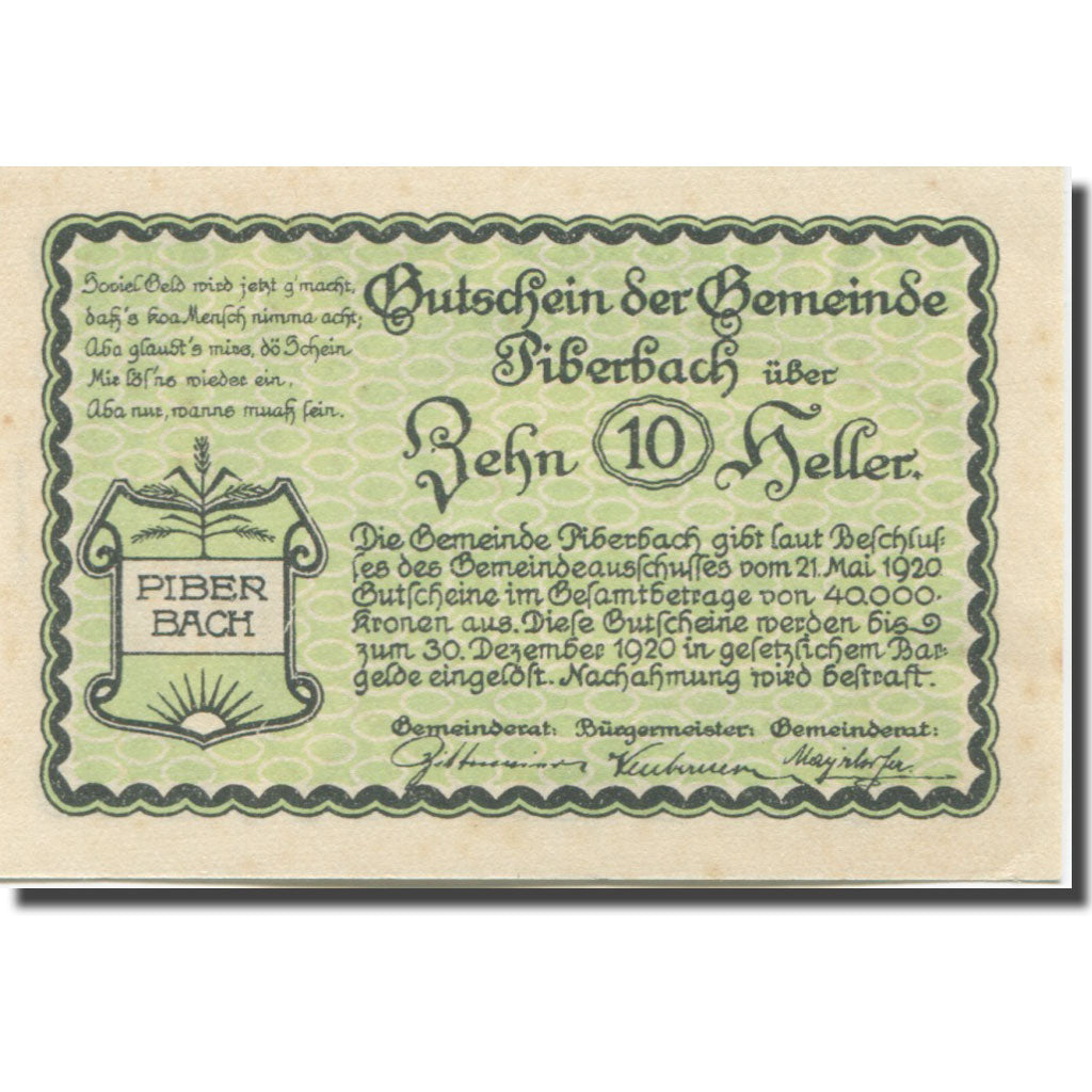 Banknote, Austria, Piberbach, 10 Heller, statue, 1920 UNC(65-70) Mehl:FS 746a