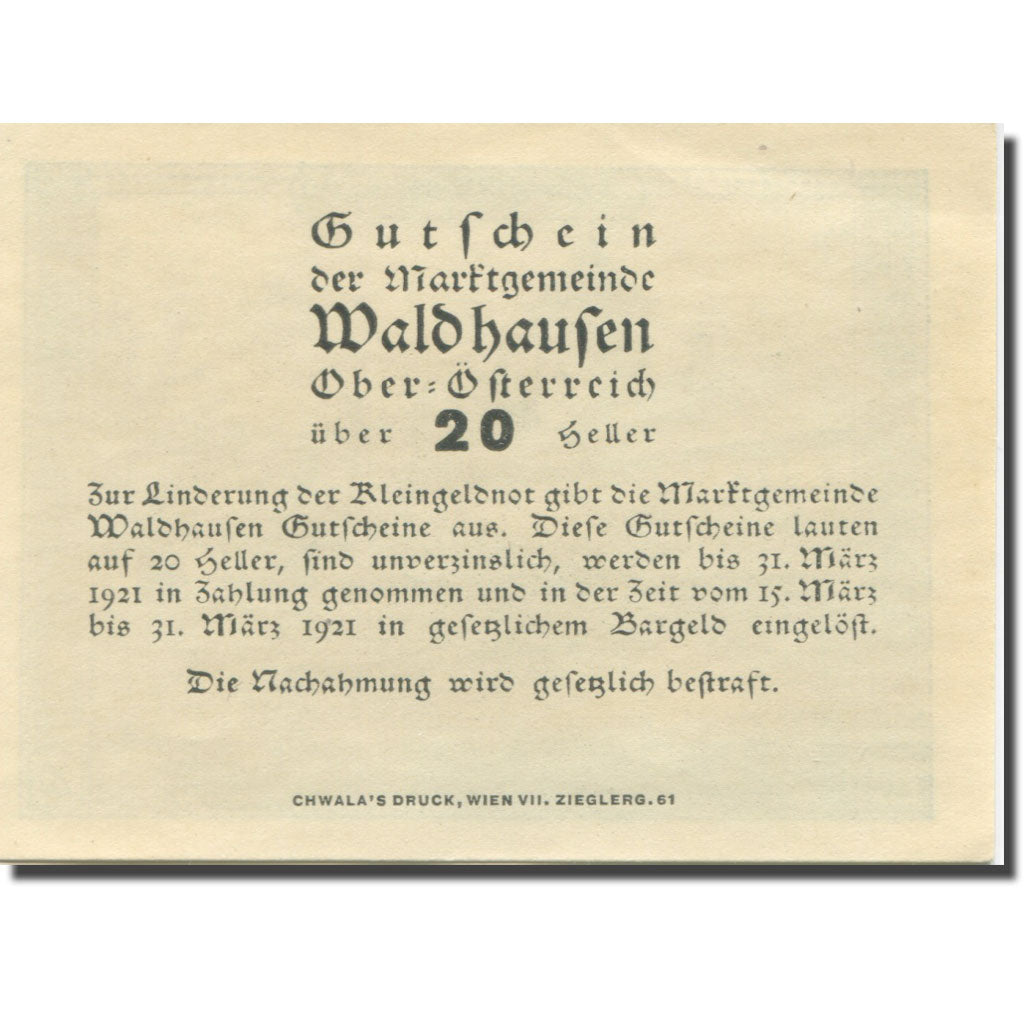 Banknote, Austria, Waldhausen, 20 Heller, monastère, 1921 UNC(63) Mehl:FS 1131