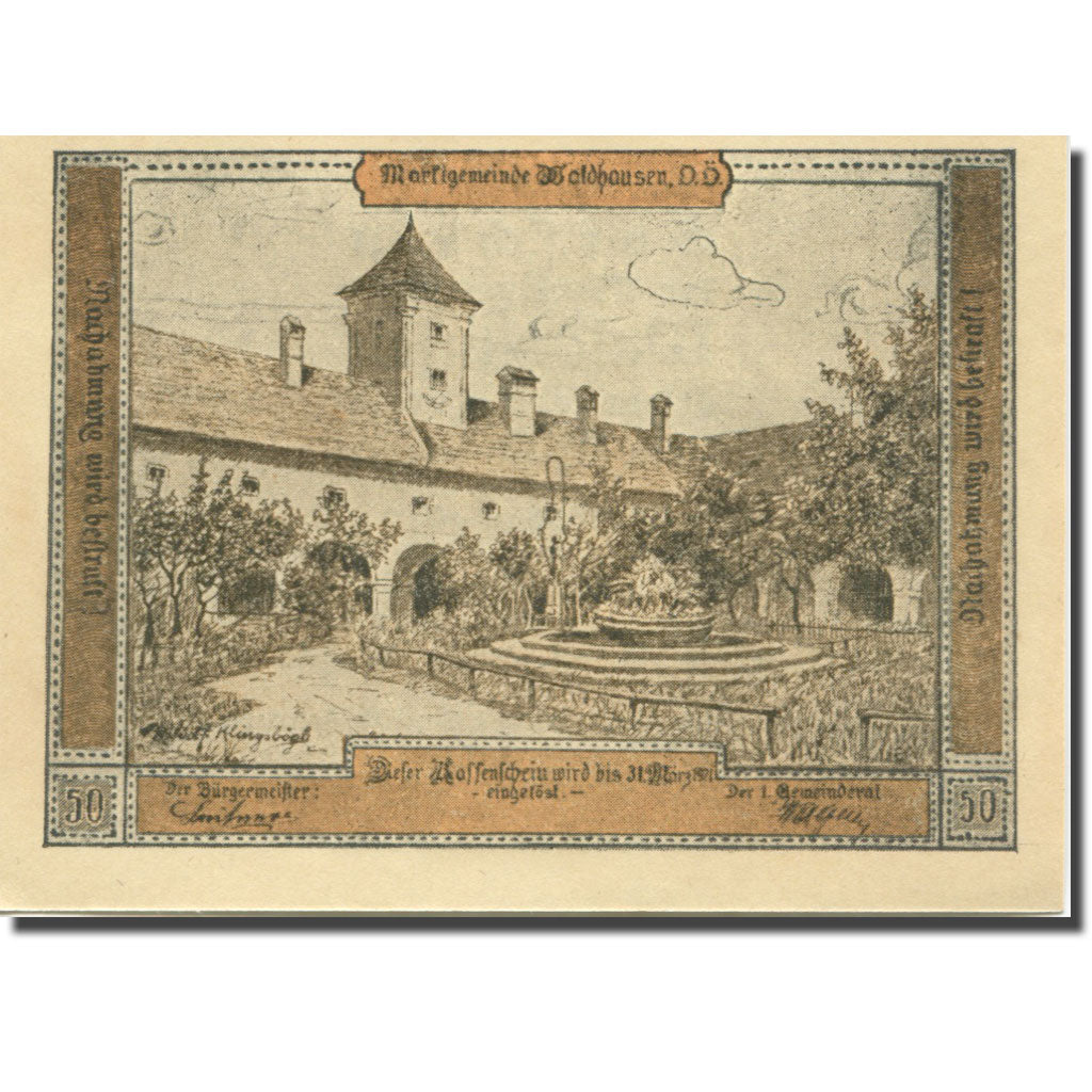 Banknote, Austria, Waldhausen, 50 Heller, monastère, 1921, UNC(63) Mehl:FS 1131