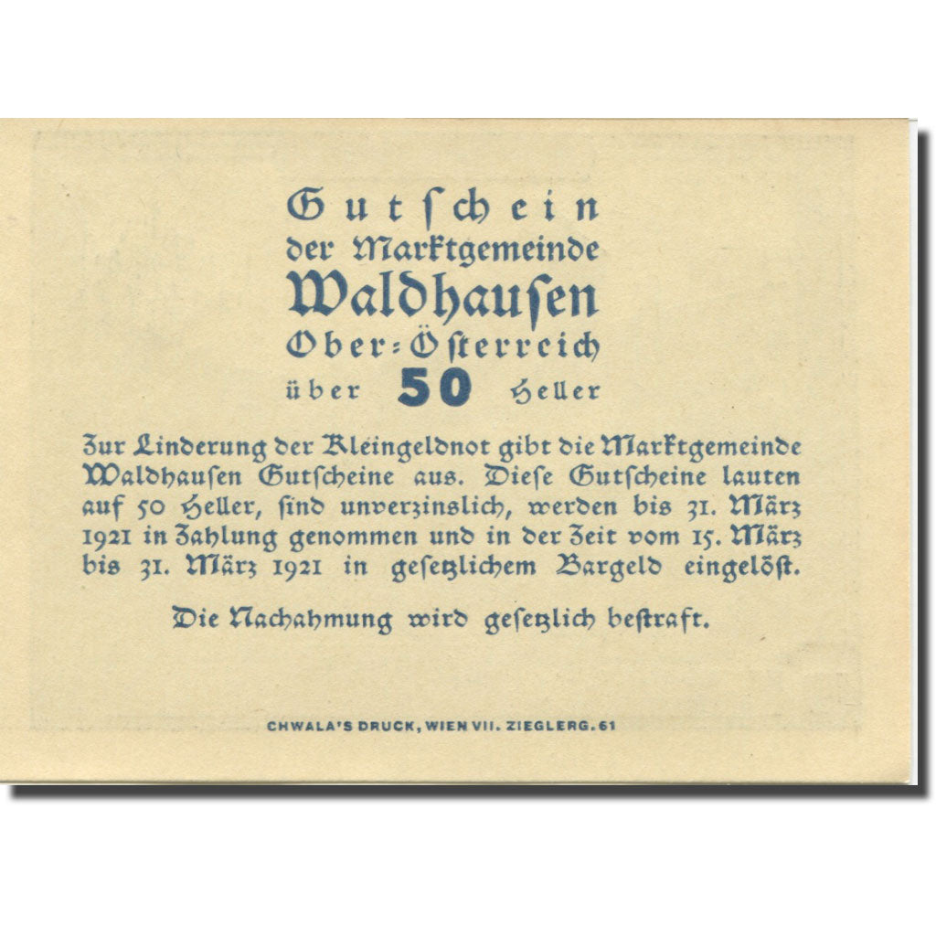 Banknote, Austria, Waldhausen, 50 Heller, monastère, 1921, UNC(63) Mehl:FS 1131