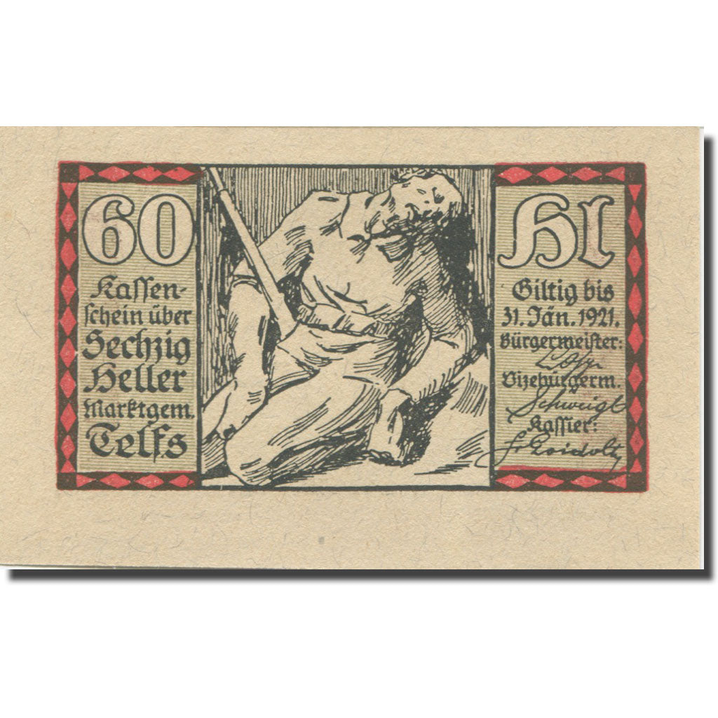 Banknote, Austria, Telfs, 60 Heller, personnage, 1921 UNC(65-70) Mehl:FS 1061a