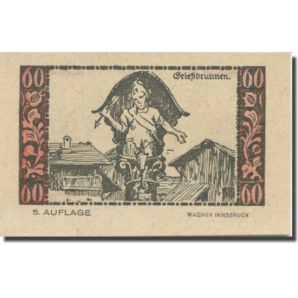 Banknote, Austria, Telfs, 60 Heller, personnage, 1921 UNC(65-70) Mehl:FS 1061a