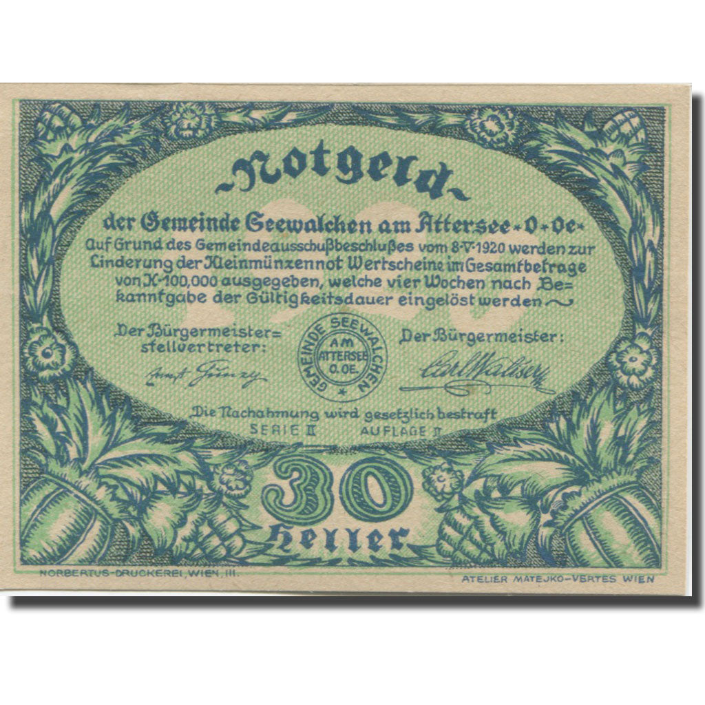 Banknote, Austria, Attersee, 30 Heller, paysage, 1920 UNC(65-70) Mehl:FS 988a