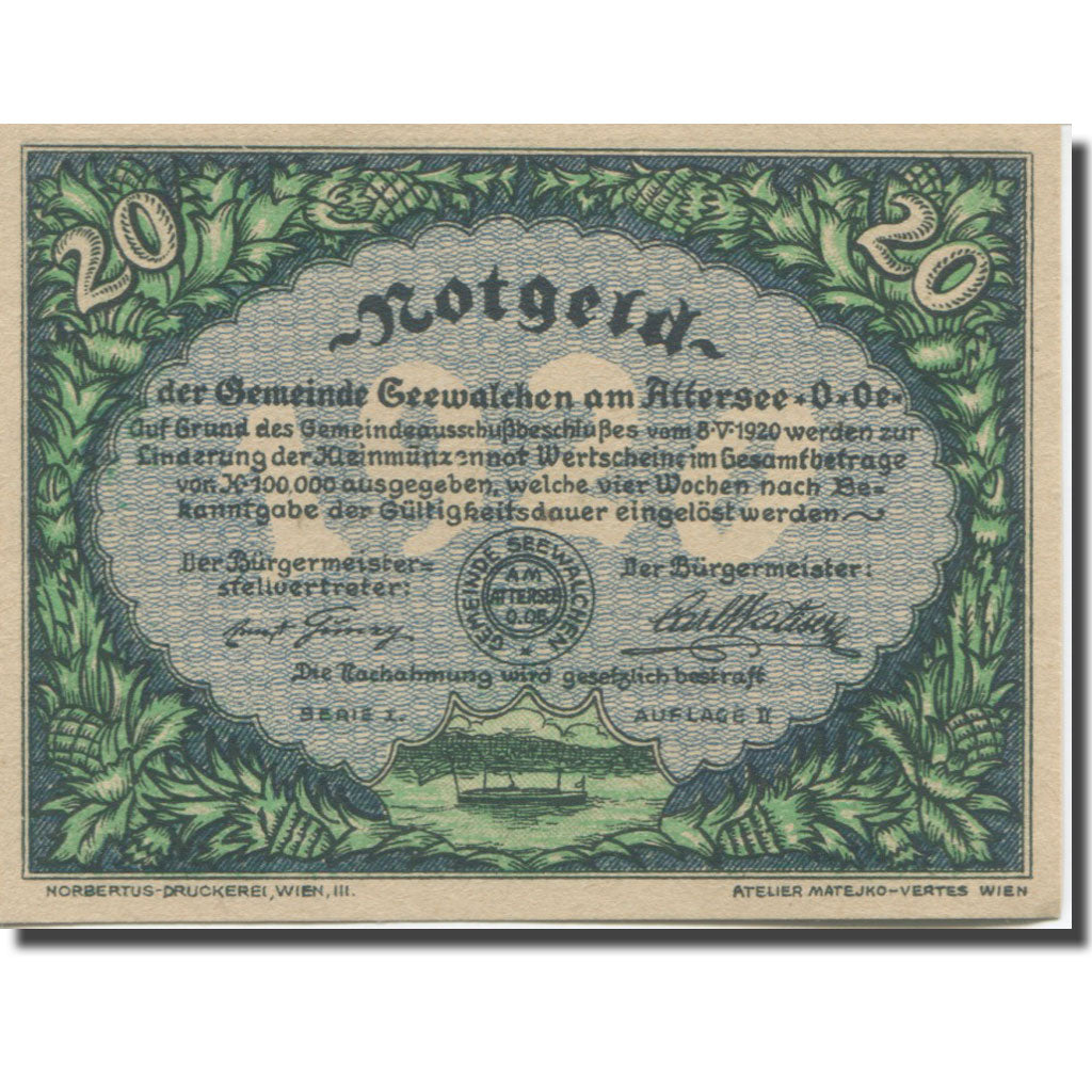 Banknote, Austria, Attersee, 20 Heller, Eglise, 1920 UNC(65-70) Mehl:FS 988a